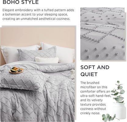 Bedsure Queen Comforter Set - Light Grey Comforter, Boho Tufted Shabby Chic Bedding for Kids, 3 Pieces Vintage Farmhouse Bed Set for All Seasons, Fluffy Soft Bedding with 2 Pillow Shams