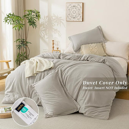MILDLY Super Soft Duvet Cover - 100% Washed Microfiber Linen Grey Comforter Cover Set 3 Pieces with Zipper Closure & Corner Ties (No Comforter)