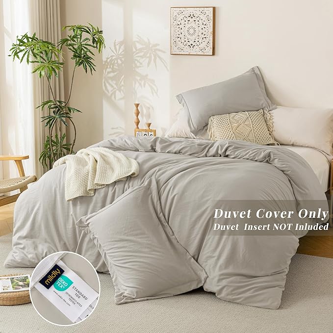 MILDLY Super Soft Duvet Cover - 100% Washed Microfiber Linen Grey Comforter Cover Set 3 Pieces with Zipper Closure & Corner Ties (No Comforter)