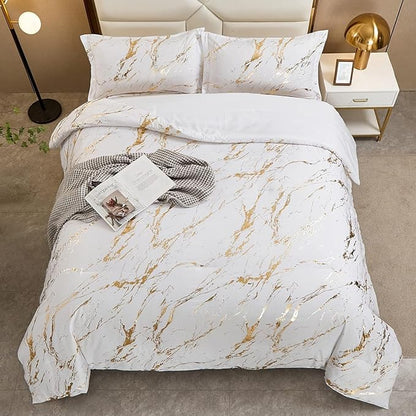 WONGS BEDDING White Gold Metallic Marble Comforter Set Full Foil Print Glitter Bedding Sets with 2 Pillowcases for All Seasons, Soft Microfiber Filling Bedding Duvet Set 78"×90"