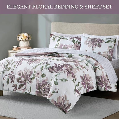 Madison Park King Comforter Set with Sheets, Floral Print, Microfiber Comforter, Shabby Chic Bed in a Bag Set Diamond Printed Sheet, Alice, King Mauve 7 Piece