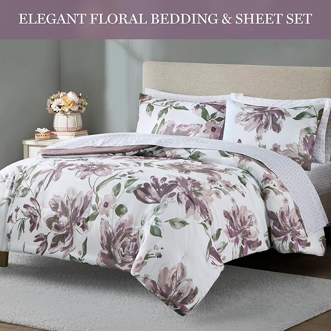 Madison Park Queen Comforter Set with Sheets, Floral Print, Microfiber Comforter for a Queen-Size Bed, Shabby Chic Bed in a Bag Set Diamond Printed Sheet, Alice, Queen Mauve 7 Piece