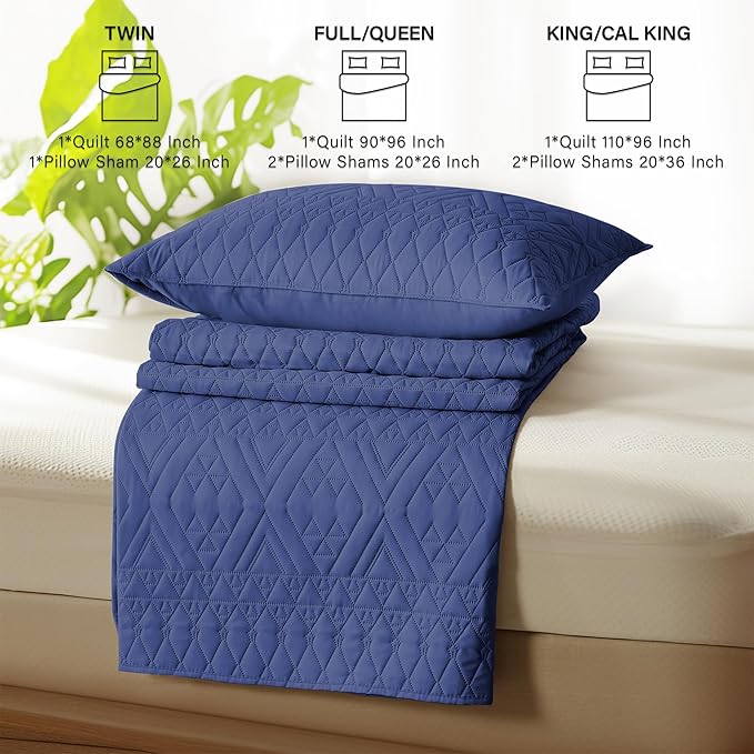 akkialla King/Cal King Size Quilt Bedding Set,Navy Blue Lightweight Microfiber Soft Bedspread,Modern Style Geometric Pattern Coverlet Set for All Seasons,3 Piece(1 Quilt,2 Pillow Shams)