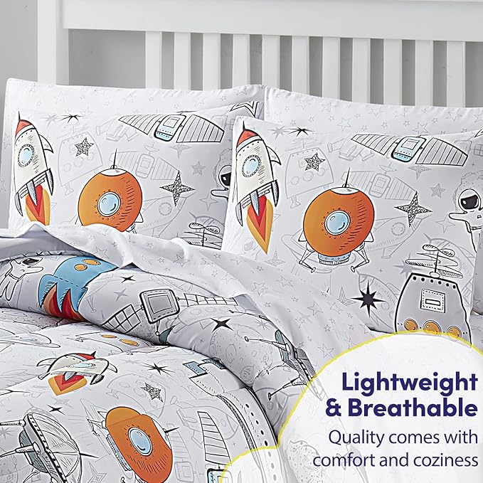 Kids Bedding Set Bed in a Bag for Boys and Girls Toddlers Printed Sheet Set and Comforter , Twin, Floating in Space