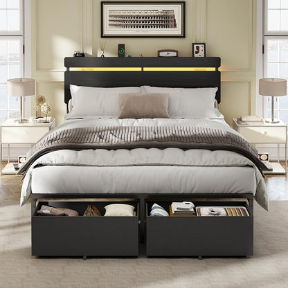 Forestell Full Size Bed Frame with Wood Headboard,2 Storage Drawers & Shelf | Built-in Charging Station & LED Lights, Metal Support, No Box Spring Needed, noise-free, easy assembly, Smart RGB, USB+Type-C