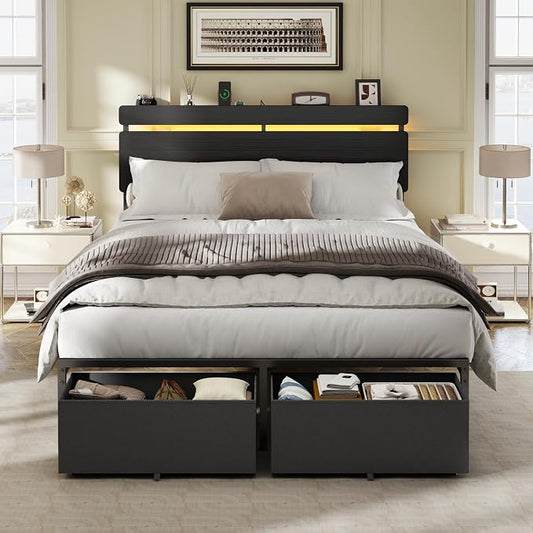 Forestell Full Size Bed Frame with Wood Headboard,2 Storage Drawers & Shelf | Built-in Charging Station & LED Lights, Metal Support, No Box Spring Needed, noise-free, easy assembly, Smart RGB, USB+Type-C