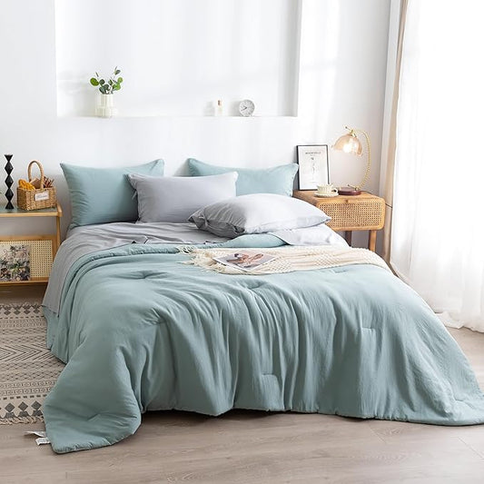 OTTEBED Ultra-Soft Queen Comforter Set with Sheets - Boho 7 Piece Bed in a Bag Lightweight All Season Use, Aesthetic Washed PolyCotton QUEEN Sage Green Comforter with Grey Bedding Sheet Set Pillowcase