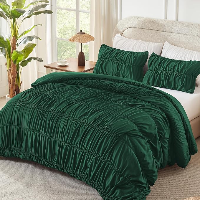 Andency Ruched Dark Emerald Green Queen Size Comforter Set, Shabby Chic Pleated Bedding Sets 3 Pieces, Lightweight Soft Boho Ruffle Bed Set for Girls, Kids, Women, All Season