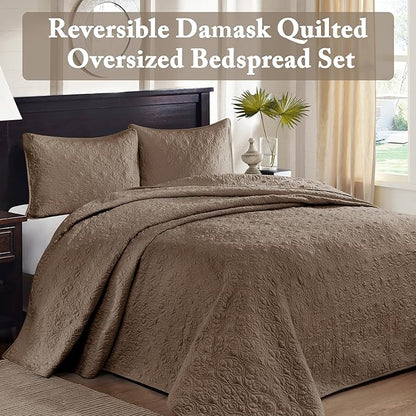 Madison Park Quebec Reversible Damask Design, Double Sided Quilting All Season, Lightweight Coverlet Bedspread Bedding Set, Matching-Shams, King(120"x118"), Mocha