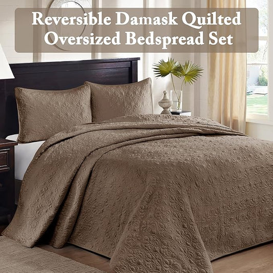 Madison Park Quebec Reversible Damask Design, Double Sided Quilting All Season, Lightweight Coverlet Bedspread Bedding Set, Matching-Shams, King(120"x118"), Mocha