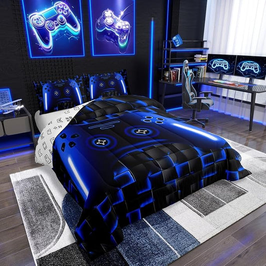 Gaming Full Size Comforter Sets For Kids Boys Teen Girls Game Controller Bedding Set 3Pcs Gamer Comforter For All Season,Blue And Black Geometric Checkered Quilt Set For Young Men,Soft Lightweight