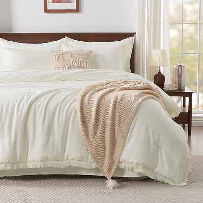 Andency California King Size Comforter Set with Sheets Ivory - 7 Pieces Cal King Bed in a Bag Boho Bedding Sets, Ivory Bed Set with Comforter, Sheets, Pillowcases & Shams