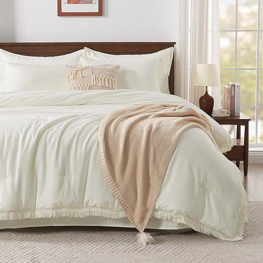 Andency California King Size Comforter Set with Sheets Ivory - 7 Pieces Cal King Bed in a Bag Boho Bedding Sets, Ivory Bed Set with Comforter, Sheets, Pillowcases & Shams
