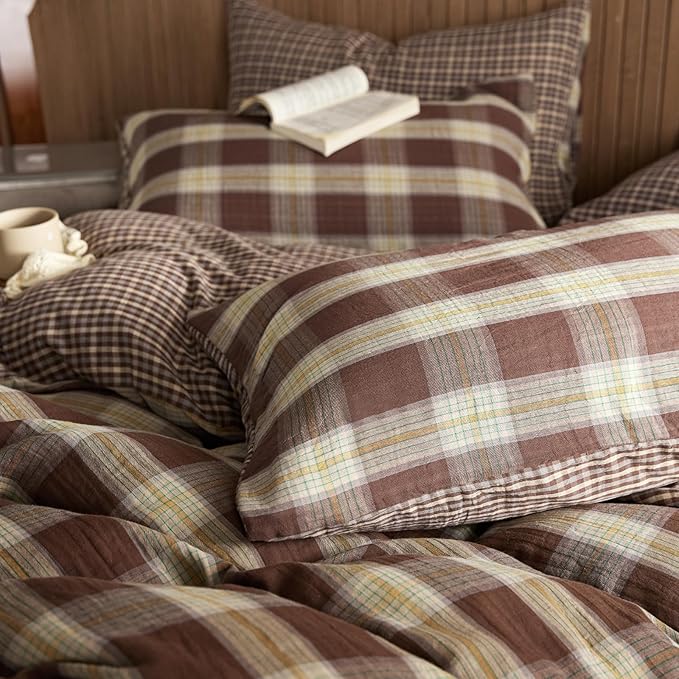 EAVD Vintage Yellow&Brown Plaid Duvet Cover Twin Soft 100% Muslin Cotton Retro Grid Checkered Plaid Bedding Set with 2 Pillowcases Farmhouse Reversible Gingham Duvet Cover with Zipper Closure