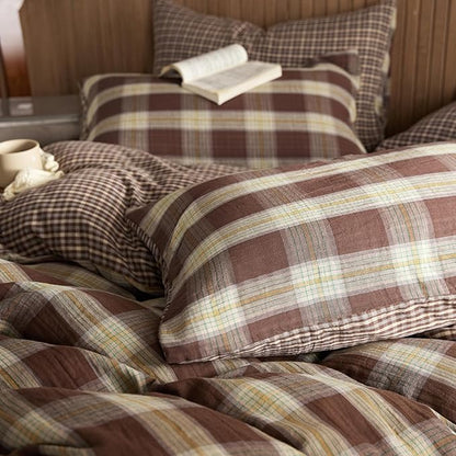 EAVD Vintage Yellow&Brown Plaid Duvet Cover King Soft 100% Muslin Cotton Retro Grid Checkered Plaid Bedding Set with 2 Pillowcases Farmhouse Reversible Gingham Duvet Cover with Zipper Closure