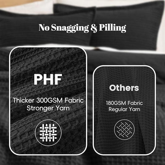 PHF Soft Waffle Comforter Set Queen Size- Comfy Breathable Waffle Weave Comforter with 2 Pillow Shams, 3 Pieces Less Snagging Lightweight Textured Bedding Set for All Season, Black