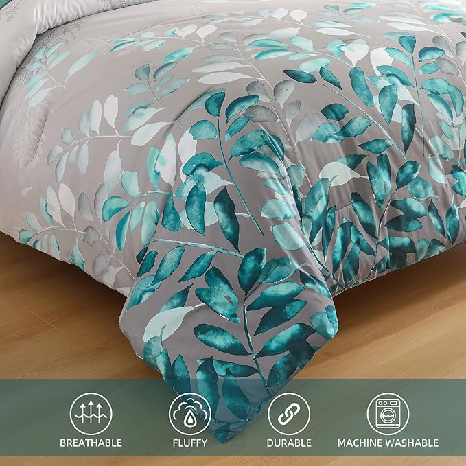 Anibedding Teal Green Floral Comforter Set Queen, 7 Piece Green Botanical Gradient Leaves Ultra Soft Microfiber Down Alternative Bedding Set with Sheets and Bedroom for All Season