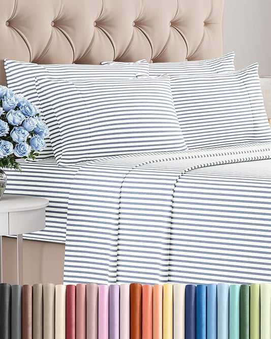 Cal King 6 Piece Sheet Set - Comfy Breathable & Cooling - Soft Hotel Luxury Bedding Set w/ 8-16 Inch Deep Pockets - 1 Flat & 1 Fitted Sheet & 4 Pillowcases - Wrinkle Free & Easy Care - Blue Stripes 2