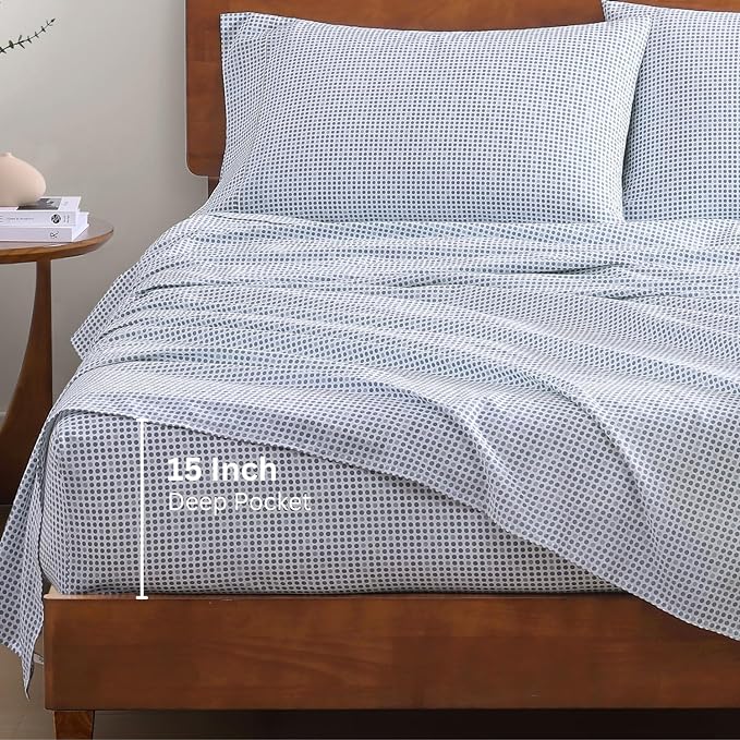 LANE LINEN 100% Organic Cotton Printed California King Size Bedding Sheets & Pillowcases Set -Soft & Comfy Breathable Percale Sheet Seasons, 15" Deep Pocket Printed Cal King Sheet - Polka Dot