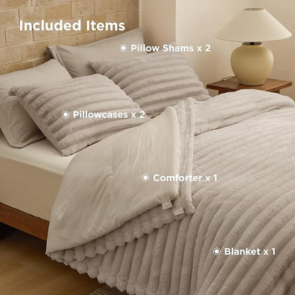 Bedsure Gentlesoft™ 2-in-1 Oversized King Comforter Set and Detachable Fluffy Blanket, Beige Bedding Set for All Season Use, SnapTech Design for Space Saving (Includes 2 Pillow Shams, 2 Pillowcases)