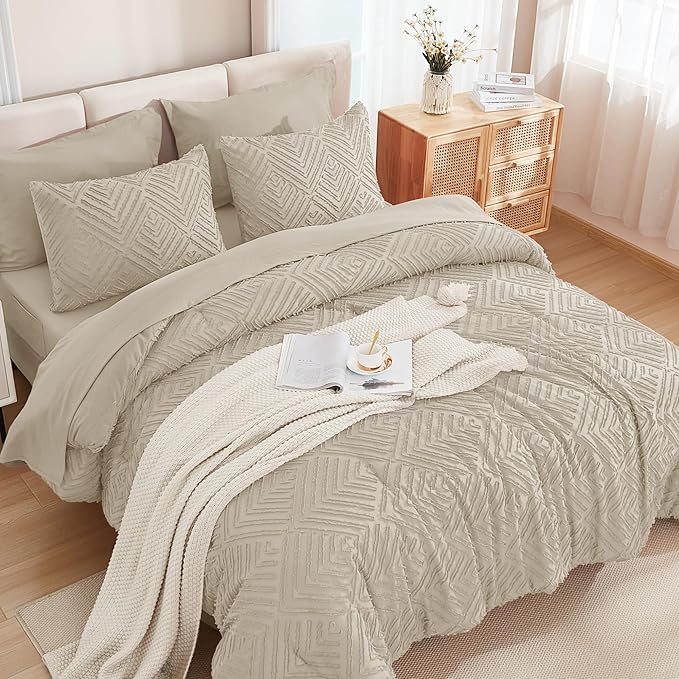 Andency King Size Comforter Set 7 Pieces Oatmeal - Bed in a Bag King Boho Lightweight Fluffy Tufted Bedding Sets with Comforter, Sheets, Pillowcases & Shams