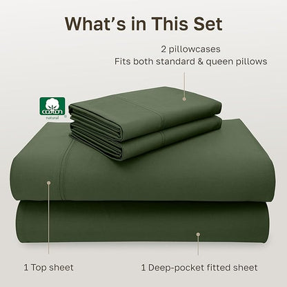 California Design Den Full Size Bed Sheets Cotton Set - Luxury 600 Thread Count 100% Cotton Sateen, Full Size Bed Sheets Set with Deep Pockets - Dark Olive Green