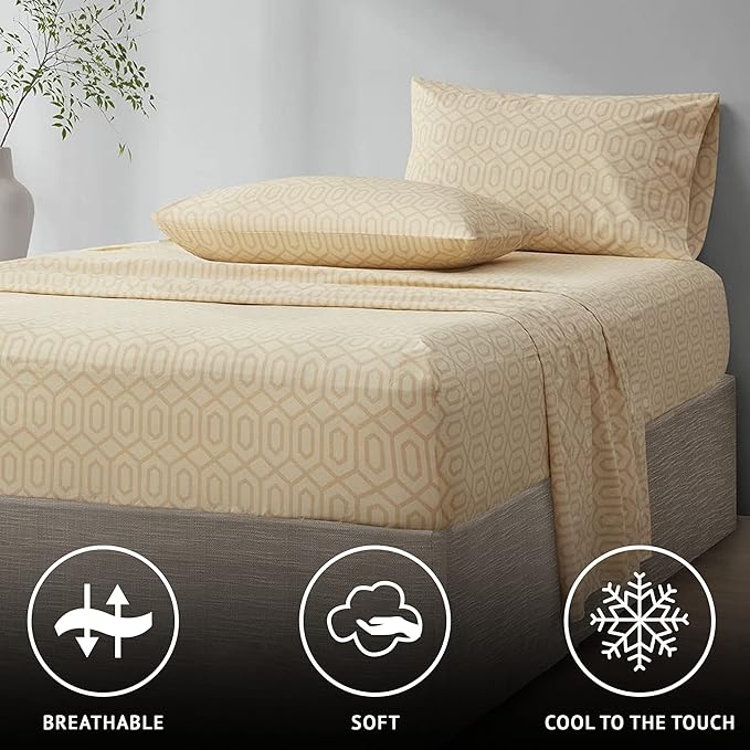 Comfort Spaces 100% Cotton Sheet Set Breathable, Lightweight, Soft with 14" Elastic Pocket Fits up to 16" Mattress, All Season Cozy Bedding, Matching Pillow Case, Queen Diamond Tan 4 Piece