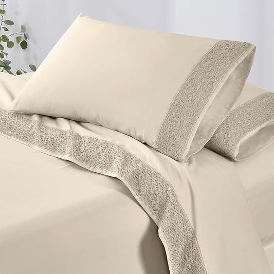 Modern Threads 4 Piece Microfiber Sheet Set – Soft Cooling Bed Sheets with Crochet Lace – Deep Pocket, Wrinkle Free, Breathable, Hotel Luxury Bedding, Beige, King