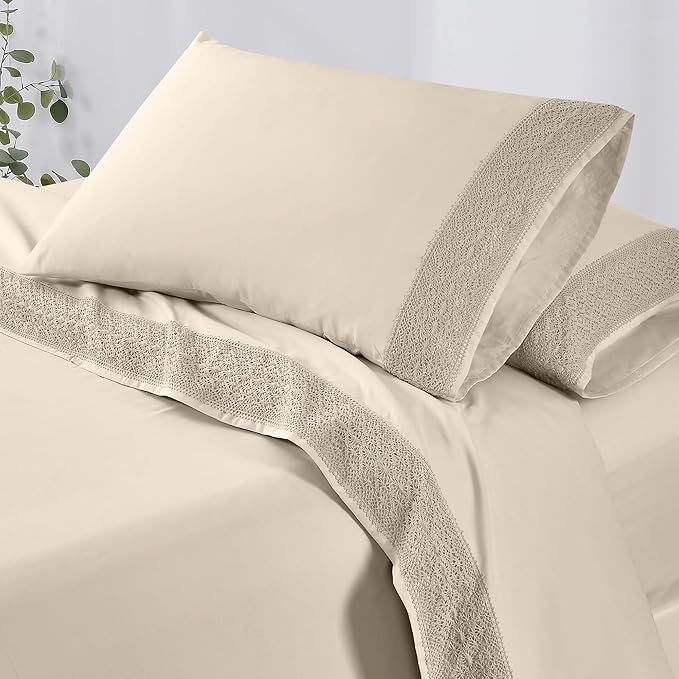 Modern Threads 4 Piece Microfiber Sheet Set – Soft Cooling Bed Sheets with Crochet Lace – Deep Pocket, Wrinkle Free, Breathable, Hotel Luxury Bedding, Beige, Queen