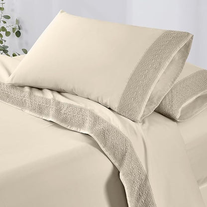 Modern Threads 4 Piece Microfiber Sheet Set – Soft Cooling Bed Sheets with Crochet Lace – Deep Pocket, Wrinkle Free, Breathable, Hotel Luxury Bedding, Beige, Queen