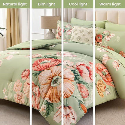 Queen Comforter Set - 7 Pieces Bed in a Bag Green Floral Queen Comforter Set with Sheets, Soft Microfiber Flower Complete Bedding Set for All Seasons（Green,90"x90"）