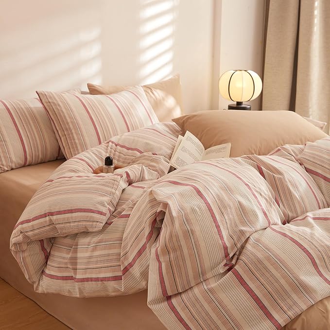 EAVD Striped Comforter Set King Multi-Color Striped Bedding Comforter Set 3 Pieces Farmhouse Geometric Bedding Set with 2 Pillowcases for All-Season Soft Fluffy Lightweight