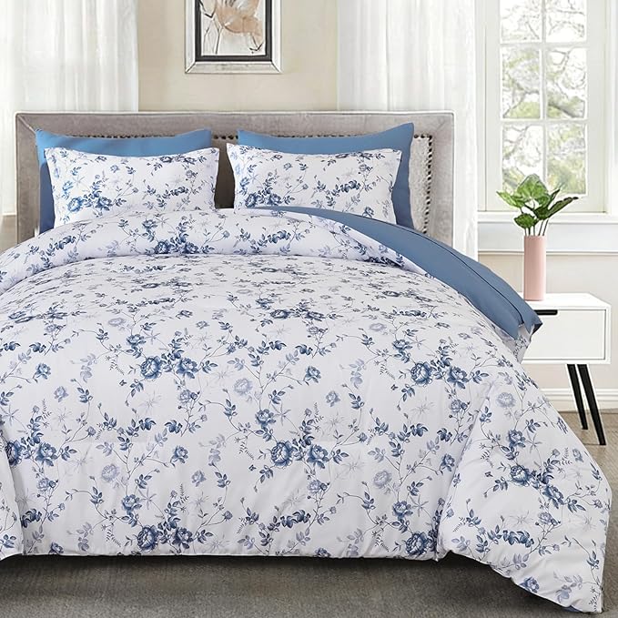 Luxudecor Floral King Comforter Set 7 Pieces Bed in a Bag, Blue Rose Romantic Flower Bed Set, Soft Reversible Comforter with Sheet Set 104"x90"