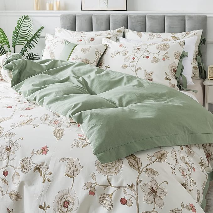 FADFAY Floral Bedding Set Twin 100% Cotton Shabby and Chic Beige Green Reversible Duvet Cover Vintage Pink Flower Print Bed Covers Girls Kids Pretty Bowknot Soft Crisp Zipper Comforter Cover 3Pcs