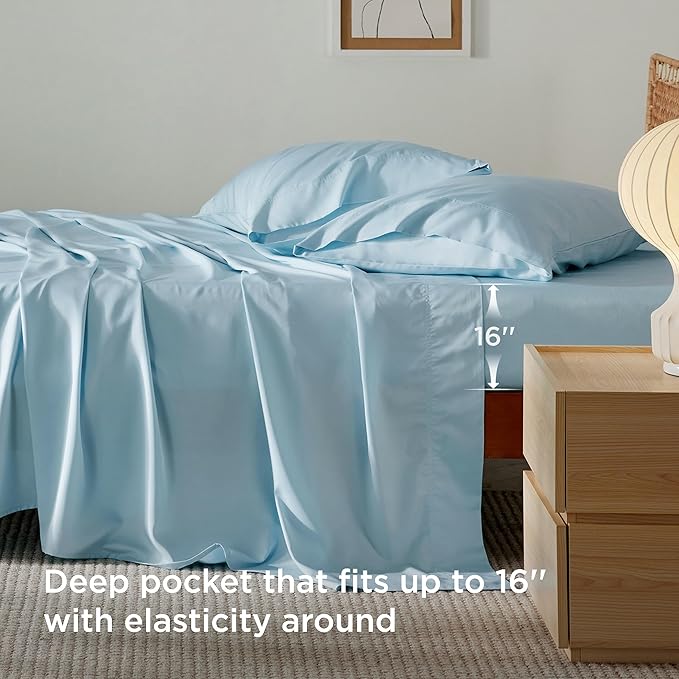 Bedsure California King Sheet Sets, Cooling Sheets, Rayon Derived from Bamboo, PureWoven, Breathable & Soft, Deep Pocket Up to 16 Inches, Hotel Luxury Silky Bedding for Hot Sleepers, Aqua