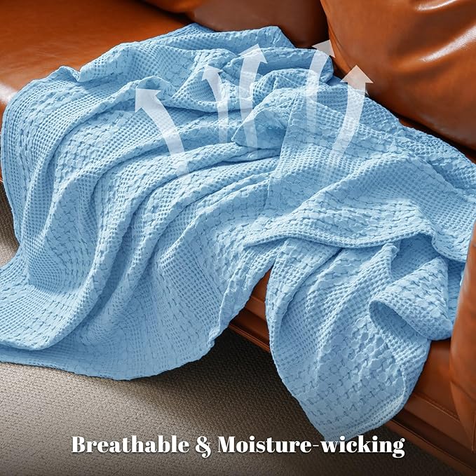 PHF 100% Cotton Waffle Weave Blanket King Size for Bed, Soft Lightweight & Breathable for Spring and Summer, All-Season Comfort, Luxury Aesthetic Blanket for Home Decor, 108"x90", Airy Blue