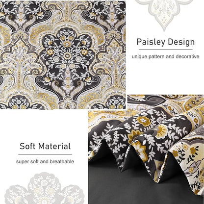 Drucon Boho Paisley Comforter Set Queen Size, 7 Pieces Bed in a Bag Black Gold Comforter Set, Soft Lightweight Bedding Set (1 Comforter, 1 Flat Sheet, 1 Fitted Sheet, 2 Pillow Shams, 2 Pillowcases)
