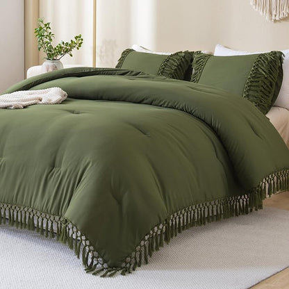 Andency Olive Green Full Size Comforter Set, 3 Pieces Boho Tassel Lightweight Soft Bedding Comforter Sets, All Season Fluffy Fringe Bed Set (79x90In Comforter & 2 Pillowcases)