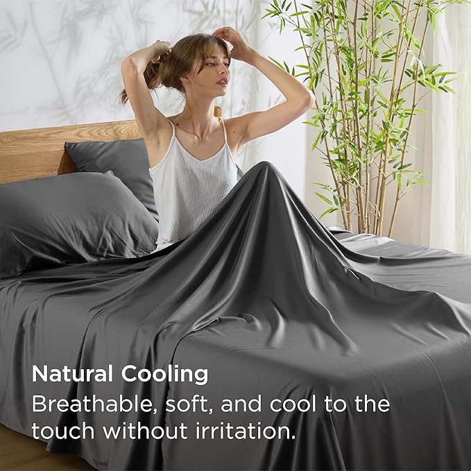 Bedsure Full Size Bed Sheets, Cooling Sheets, Rayon Derived from Bamboo, PureWoven, Breathable & Soft, Deep Pocket Up to 16 Inches, Hotel Luxury Silky Bedding for Hot Sleepers, Grey