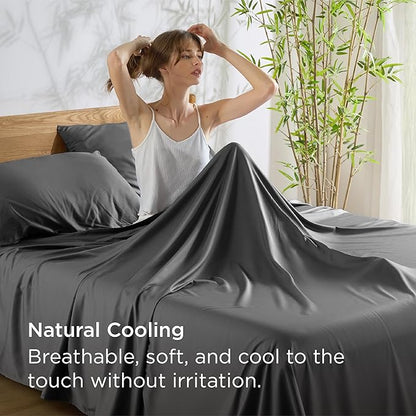 Bedsure Queen Sheet Set, Rayon Derived from Bamboo, Cooling Sheets, PureWoven, Breathable & Soft, Deep Pocket Up to 16 Inches, Hotel Luxury Silky Bedding for Hot Sleepers, Grey