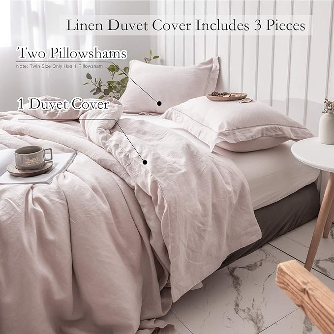 Simple&Opulence 100% Washed Linen Duvet Cover with Embroidered, 3 Pieces Soft Farmhouse Comforter Set with Button Closure,1 Duvet Cover and 2 Pillowshams(Full,Dusty Pink)