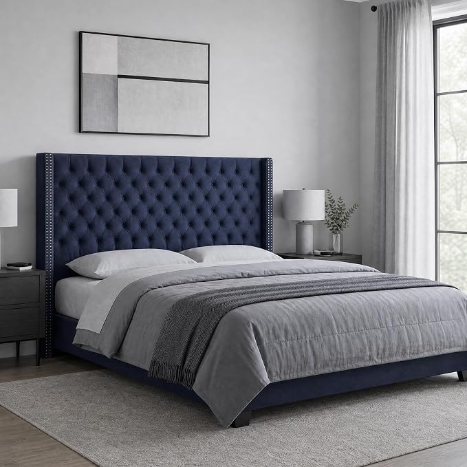 Madison Park King Wingback Upholstered Tufted Headboard, Featuring High-Density Sponge Padding, Adjustable Height Headboard, Easy Assembly, Navy