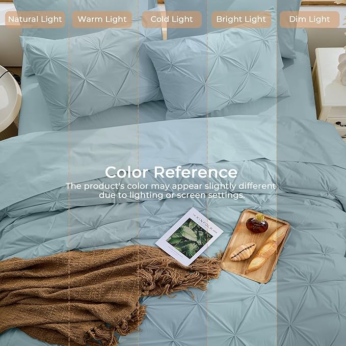 Sasttie California King Comforter Set, 7-Piece Bed in a Bag, Pintuck Bedding Sets for All Season, Includes Comforter, Flat Sheet, Fitted Sheet, Pillowcases and Pillowshams, Greyish Blue