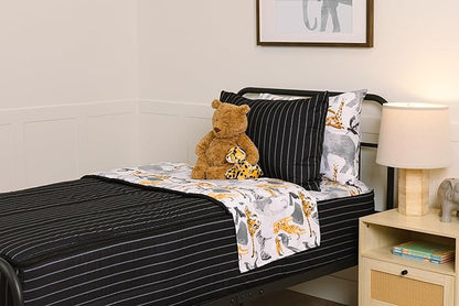 Beddy's Jungle Animal Themed Durable Zipper Bedding for Kids, Bed in a Bag, Black Striped Comforter & Animal Print Sheets, Includes 2 Pillowcases & 2 Pillow Shams, Easy to Make & Wash - Full