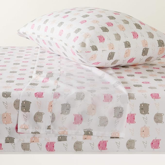 Amazon Basics Kid's Soft, Breathable, Easy-Wash Microfiber 3-Piece Sheet Set with Pillowcase, Twin, Peony Pink Kitties, Animal Print