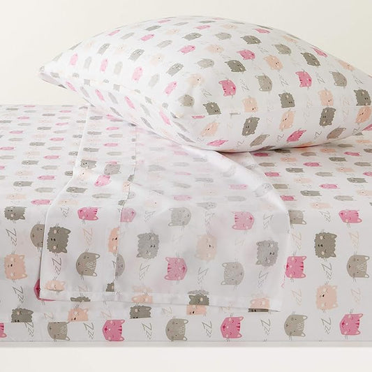 Amazon Basics Kid's Soft, Breathable, Easy-Wash Microfiber 3-Piece Sheet Set with Pillowcase, Twin, Peony Pink Kitties, Animal Print