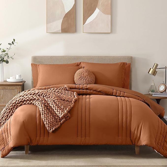 Monbix California King Size Comforter Set - 7 Pieces Bed in a Bag, Burnt Orange Bedding Sets with Comforter, All Seasons Comforter Bed Set with Sheets, Pillowcases & Shams