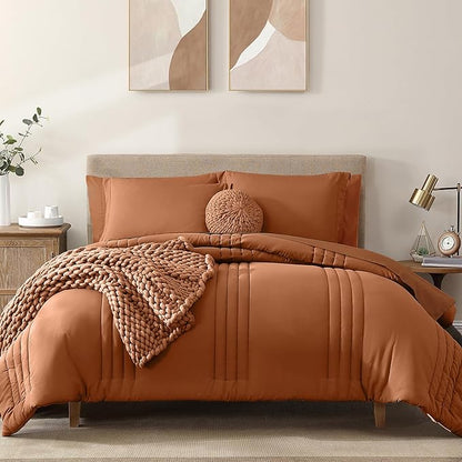 Monbix Super King Plus Size Comforter Set - 7 Pieces Burnt Orange Bed in a Bag Super King Plus Bedding Sets with Comforters, All Seasons Comforter Bed Set with Sheets,Pillowcases & Shams
