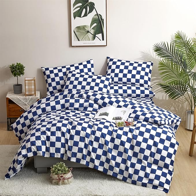 CLOTHKNOW Blue White Plaid Full Size Comforter Set 3Pcs Grid Bedding Comforter Sets Soft Blue Comforter with 2 x Pillow Cases