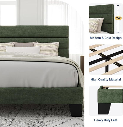 Allewie Full Size Platform Bed Frame with Fabric Upholstered Headboard and Wooden Slats Support, Fully Upholstered Mattress Foundation/No Box Spring Needed/Easy Assembly, Green